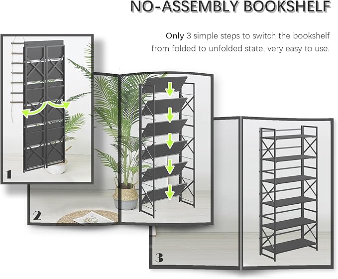 4NM 6 Tiers No Assembly Book Shelves, 61.8" H Folding Bookshelf Bookcase Open Industrial Foldable Shelves for Bedroom, Living Room, Home Office - All Black-Ruum Studio Home