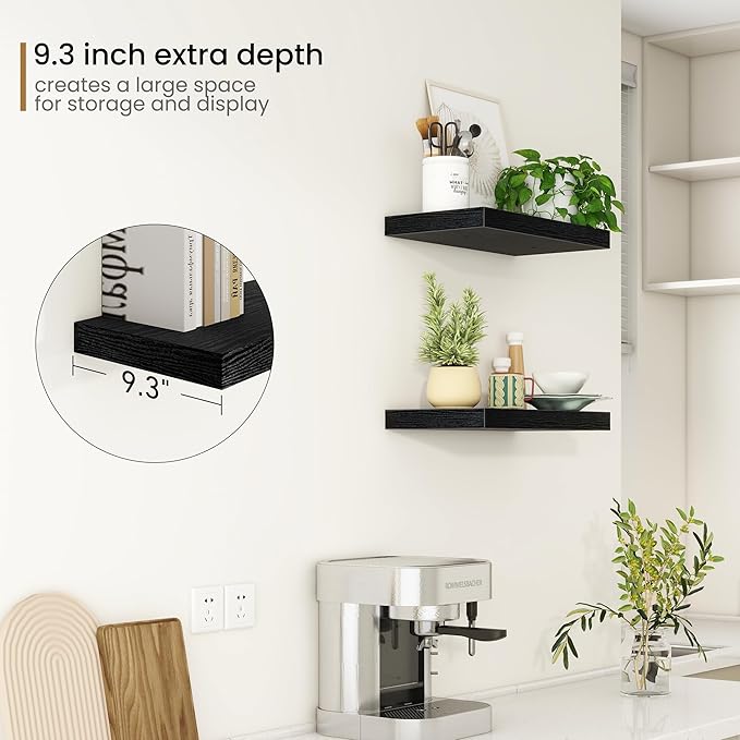 Fun Memories Deep Floating Shelves - 16" W x 9" D x 1.6" H Rustic Black Wall Shelf - Wall Mounted Shelves for Storage - Wooden Shelves with Invisible Brackets for Living Room, Farmhouse - Set of 2-Ruum Studio Home