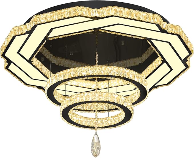 Flashing God Dia 32" Modern Crystal Chandelier Crystal Black Ceiling Light Fixtures LED Flush Mount Ceiling Light for Living Room Bedrooms Dining Room Dimmable 2700k- 6000k-Ruum Studio Home