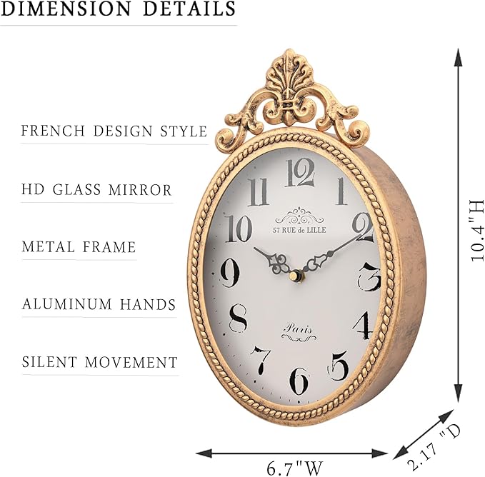 Abdurey Small French Retro Decorative Wall Clock, Antique Gold Vintage Oval Style,Silent Battery Operated Boho Decor Wall Clocks for Farmhouse,Kitchen,Bedroom,Bathroom(10.4" H x 6.7" W)-Ruum Studio Home