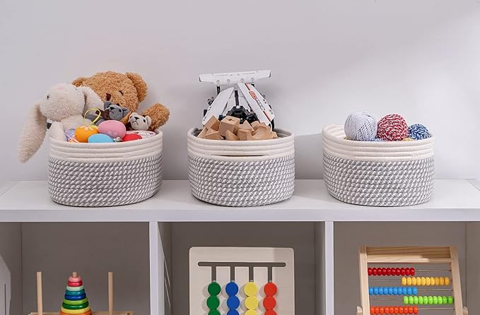 Shelf Storage Baskets for Organizing|Decorative Basket for Closet Storage|Toy Baskets&Bins|Small Woven Rope Baskets-13x8.66x5.11’’,Durable&Stylish,Oval 3 Packs Off White&Mixed Gray-Ruum Studio Home