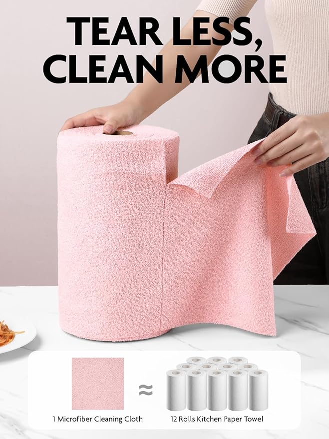 Fantasticlean Microfiber Cleaning Cloth Roll -40 Pack, Tear Away Microfiber Towels, 12" x 12", Reusable, Washable, Scratch Free, Ultra Absorbent Dish Rags for Car, Home, Garage or Shop (Pink)-Ruum Studio Home