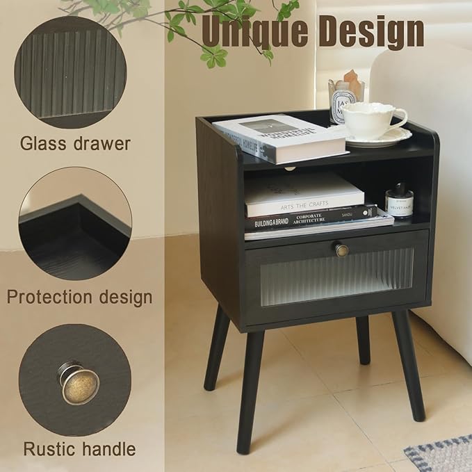 AWASEN Black Nightstand with Charging Station, Modern Bedside Table with Glass Decorative Drawer, Small End Table Side Table with 2 Tiers Storage Space, for Bedroom, Office and Small Space (Black)-Ruum Studio Home