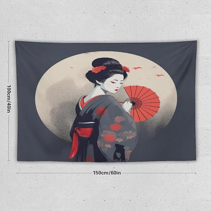 Japanese Woman Geisha Tapestry Asian Red Cherry Blossom Red Sun Traditional Kimono Folk Tapestries Home Decor for Living Room Bedroom Apartment Farmhouse Dorm 60"x40"-Ruum Studio Home
