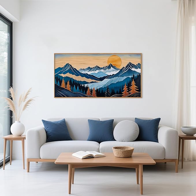 Blue Woodcut Mountain Framed Canvas Wall Art Set, Boho Abstract Ridge Wall Decor, Pine Tree Landscape Wall Painting, Sunrise Forest Art Print for Living Room, Bedroom, Office - 20"X40"-Ruum Studio Home