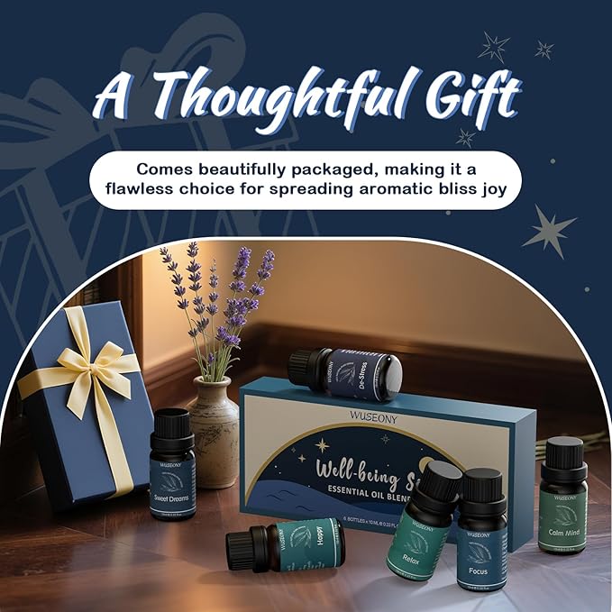 Well-Being Essential Blends Oils Set, Aromatherapy Oils Gift Set for Diffusers Home, Fragrance Oil Scent for Candle Soap Making - Happy, Calm Mind, De-Stress, Relax, Focus, Sweet Dreams-Ruum Studio Home