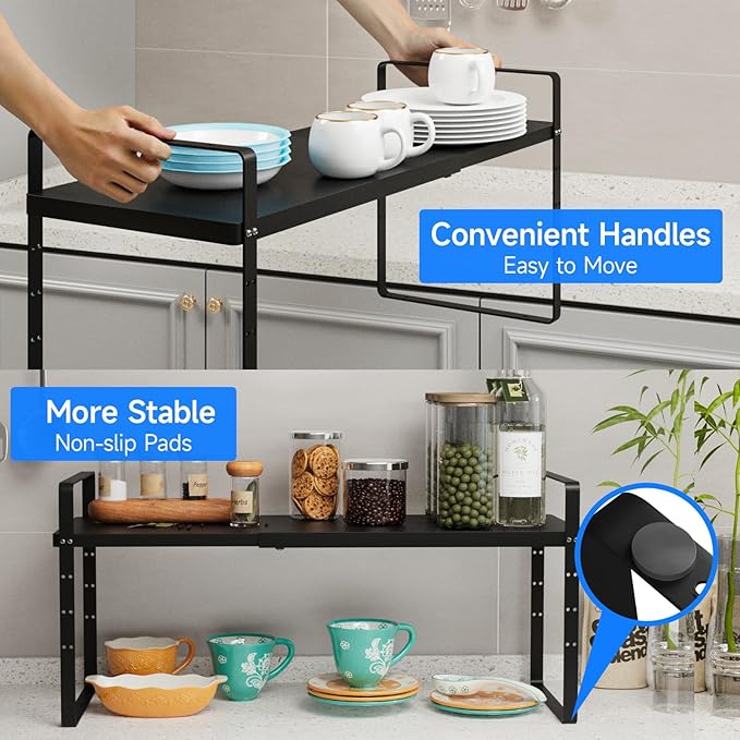 Expandable Cabinet Shelf Organizer, Stackable Kitchen Pantry Counter Storage, Adjustable Closet Cupboard Stand Rack Risers Spice Organization 80LBS Heavy Duty Black 2 Pack-Ruum Studio Home