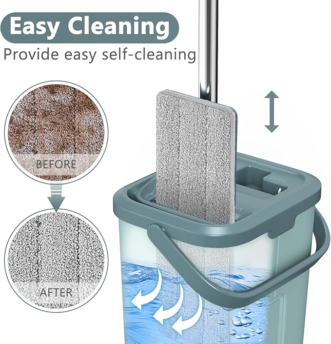 Aifacay Mop and Bucket with Wringer Set, Flat Wall Mop and Bucket Set with 4 Reusable Microfiber Pads, Hand Wash Free Floor Cleaning System Wet and Dry Use for Hardwood Tile Window Corner Baseboard-Ruum Studio Home