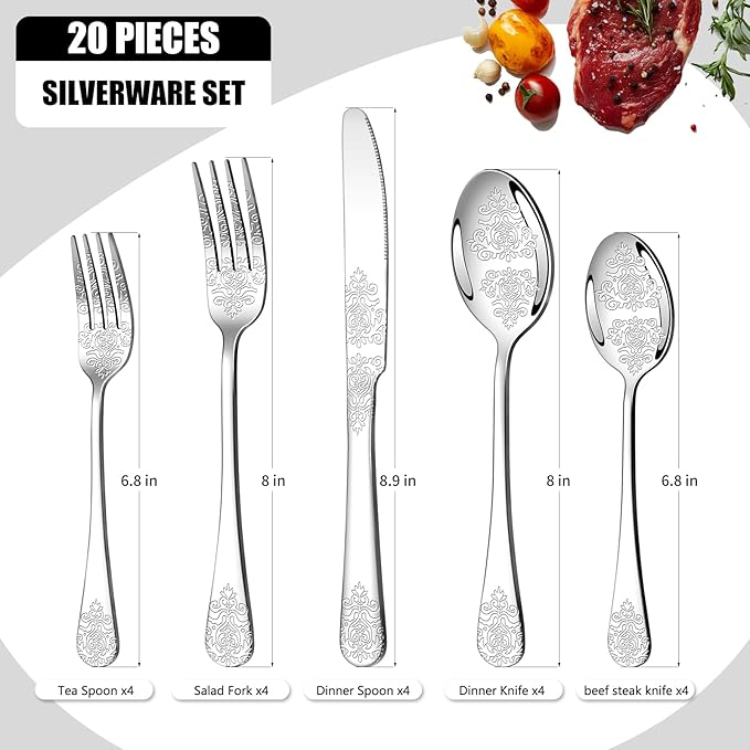 20 Pcs Silverware Set for 4 with Classical Flower Embossed Design, Food Grade Stainless Steel Flatware Set, Eating Utensils Sets Include Fork/Knife/Spoon, Reusable Cutlery Set, Dishwasher Safe-Ruum Studio Home