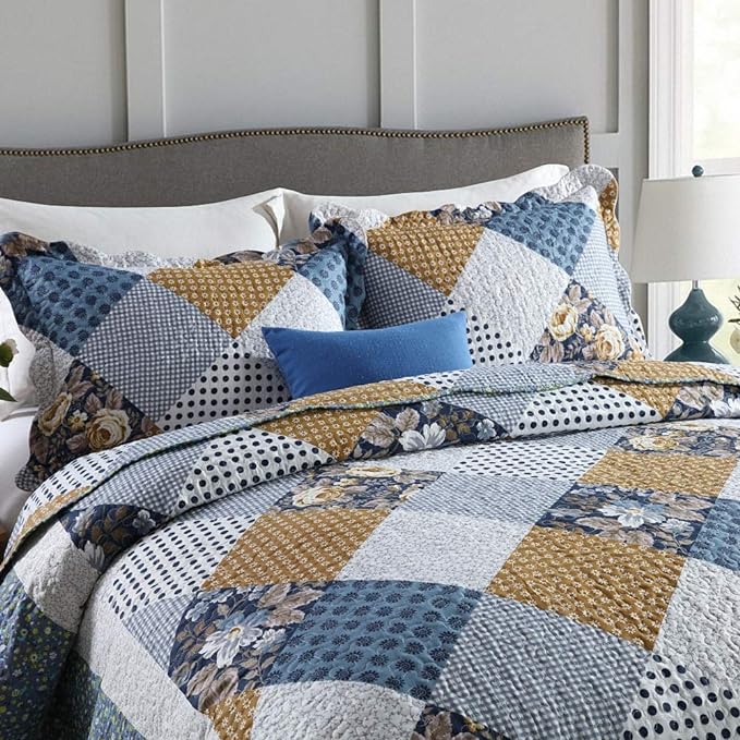 NEWLAKE Quilt Bedspread Sets-Checkered Floral Reversible Coverlet Set,Queen Size-Ruum Studio Home