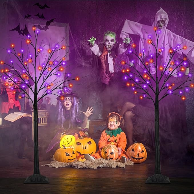 2Pack 5FT 200LED Black Halloween Tree Lights, Timer Function Lighted Black Trees with Purple and Orange Lights, Spooky Trees Light for Indoor Outdoor Halloween Decorations-Ruum Studio Home