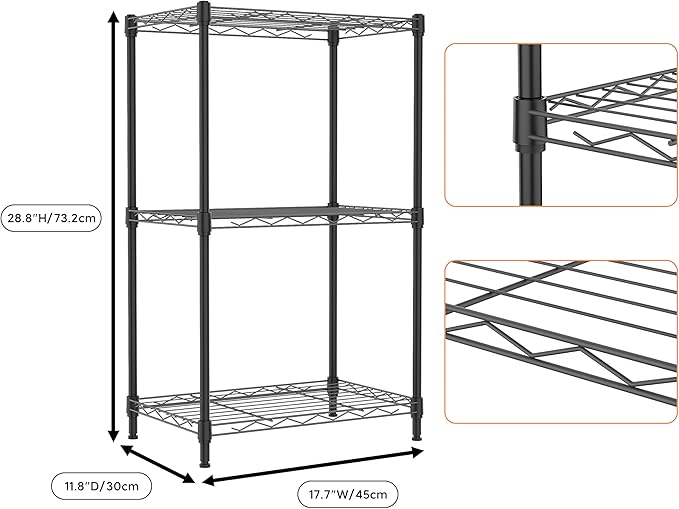 3 Tiers Shelf Metal Storage Shelves Wire Rack Closet Organizers with Wheel for Garage Kitchen Bathroom Laundry Black 11.8" D x 17.7" W x 28.8" H-Ruum Studio Home