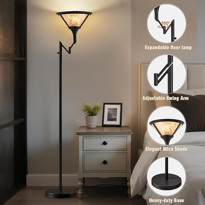 Floor Lamps for Living Room - 70" Black Torchiere Standing Floor Lamp with White Mica Shade - Tall Corner Lamp Decor for Bedroom with Adjustable Swing Arm LED Reading Light for Home Office-Ruum Studio Home
