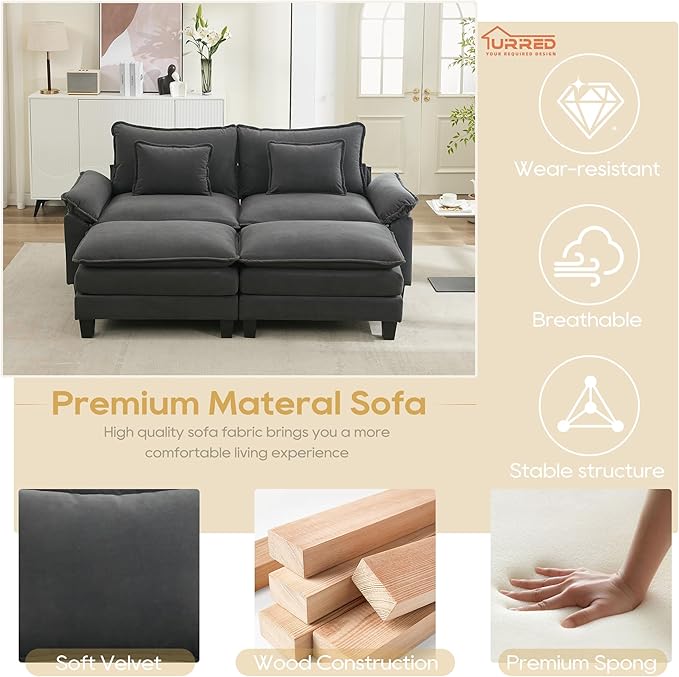 URRED Modular Sectional Sofa Comfy Cloud Couch, Modern Velvet Sofa Sleeper Deep Seat Couches with Ottoman/Pillows for Living Room (Dark Gray, 82.6''- 2 Ottomans)-Ruum Studio Home