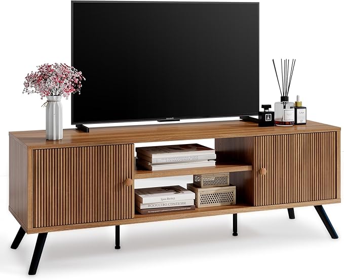 COMHOMA TV Stand for Living Room, Mid Century Modern Entertainment Center for 55/60/65 Inch TVs, Retro Brown TV Console with Fluted Door Cabinets and Open Adjustable Shelve Storage for Bedroom-Ruum Studio Home