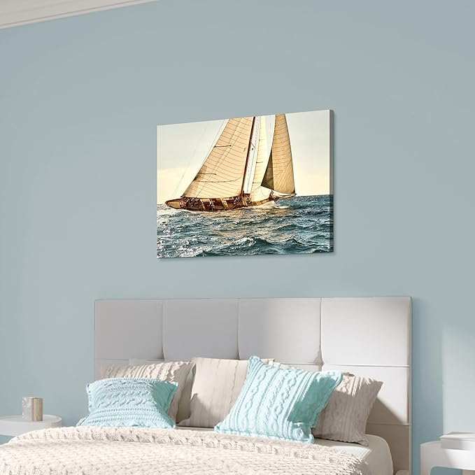 ARTISTIC PATH Coastal Nautical Canvas Wall Art - Ocean Sailboat Artwork Seascape Sailing Prints Wave Boat Picture Sunset Marine Painting for Living Room-Ruum Studio Home