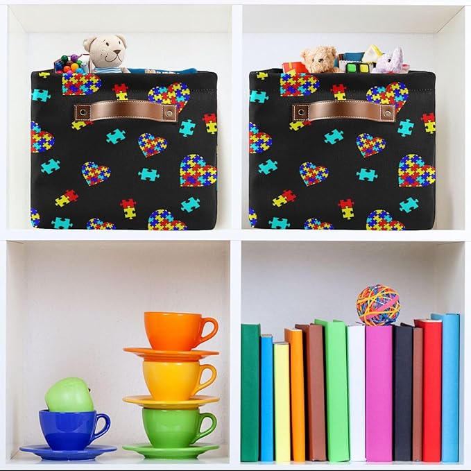 Multicolor Storage Basket Bin Autism Awareness Puzzle Pieces Heart Organizer Collapsible Shelf Cube with Handle for Nursery Bedroom Bathroom-Ruum Studio Home