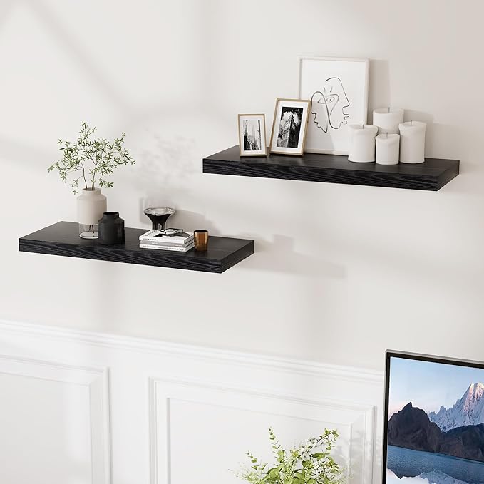 24 Inch Floating Shelves, Rustic 24 x 9 Black Floating Shelf for Wall, Black Bathroom Shelf Set of 2, Farmhouse Wood Wall Shelves for Bedroom, Kitchen, 9 Inch Deep Shelves for Home Storage-Ruum Studio Home