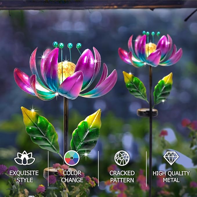 Solar Purple Metal Flower Wind Spinners, Colorful Spinning Windmill Lotus Yard Art Lights Wind Pinwheels with LED Crystal Ball Decorative Stake Lighting Flower Sculpture-Ruum Studio Home