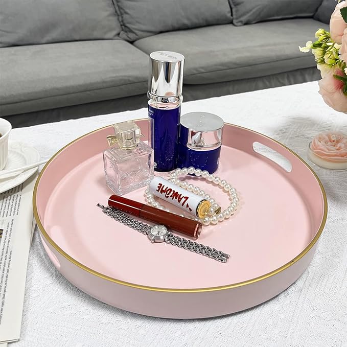 13" Pink Serving Tray with Handles,Round Decorative Tray for Coffee Table, Plastic Modern Coffee Table Tray for Ottoman, Living Room, Bathroom, Décor.-Ruum Studio Home