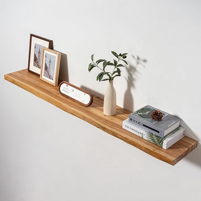 Axeman 55 inch Floating Shelves for Wall - 8'' D Live Edge Rustic Solid Elm Wood Floating Shelves Wall Mounted, Hanging Shelves with Invisible Bracket for Living Room Bedroom Kitchen, Natural-Ruum Studio Home