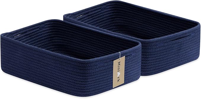 Large Shallow Organizing Baskets 15x11x5.1 Inches - Rope Woven Storage Bins for Bathroom, Shelves, Cube Closet, Navy Blue 2 Packs-Ruum Studio Home
