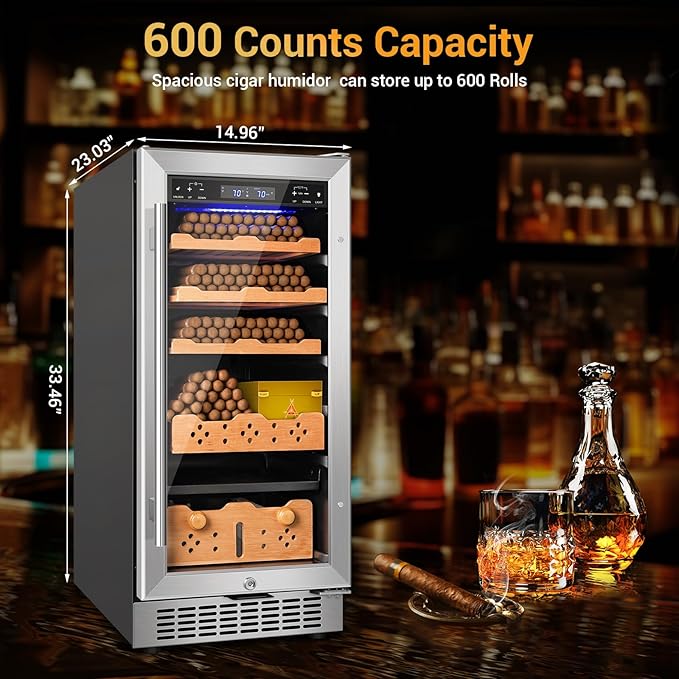 Electric Cigar Humidor,15 Inch Upgraded Large Capacity Electric Cigar Cabinet with Powerful Compressor, Digital LED Screen, Safety Lock,Smart Temperature Control,Father's Day Gift for Men-Ruum Studio Home