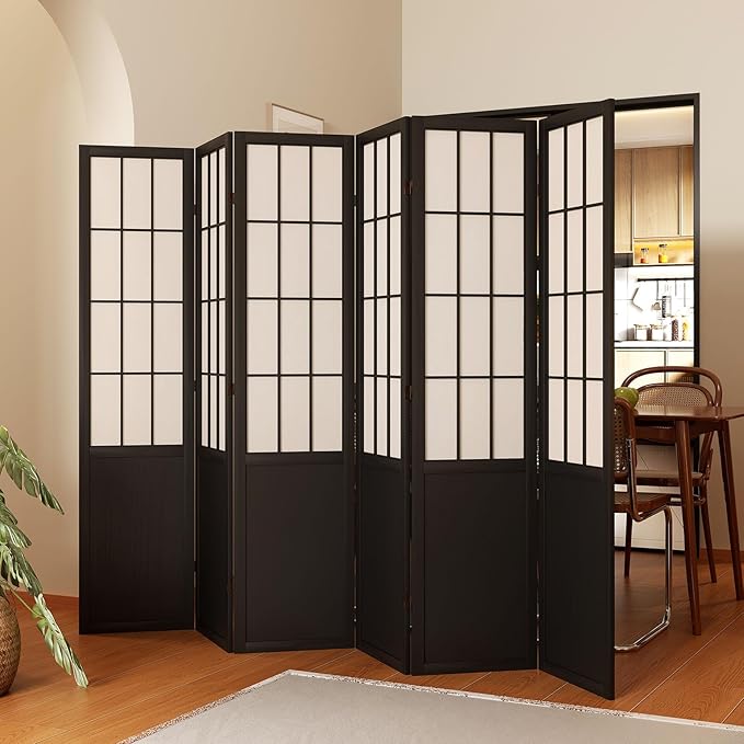 Room Divider, 66.9Inch Tall Japanese Shoji Style Folding Wood Screen with Double Hinges for Home Office Bedroom Hotel Decoration (6Panels, Black)-Ruum Studio Home