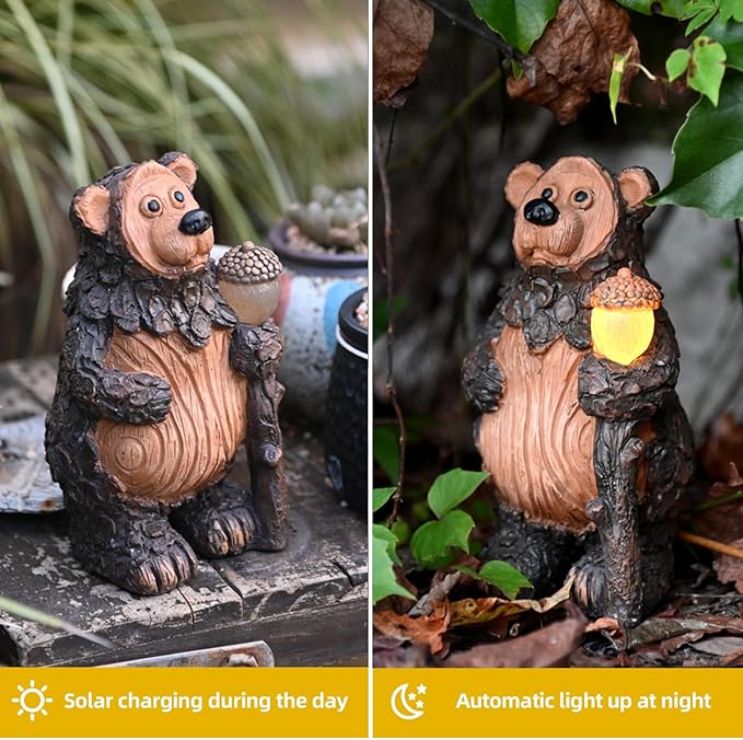 Bear Garden Figurines Outdoor Decor Solar Statue with LED Lights for Patio Lawn Yard Art Decoration Housewarming Garden Gift-Ruum Studio Home
