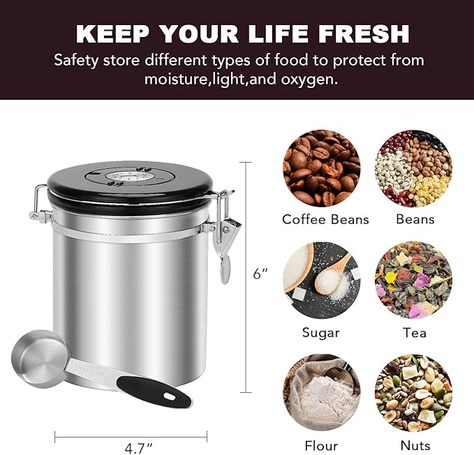 ShanSon Coffee Canister Airtight Coffee Container Stainless Steel Coffee Bean Storage Container with Scoop Coffee Canister for Beans Grounds Sugar Flour Tea Cereal,16OZ,Silver-Ruum Studio Home