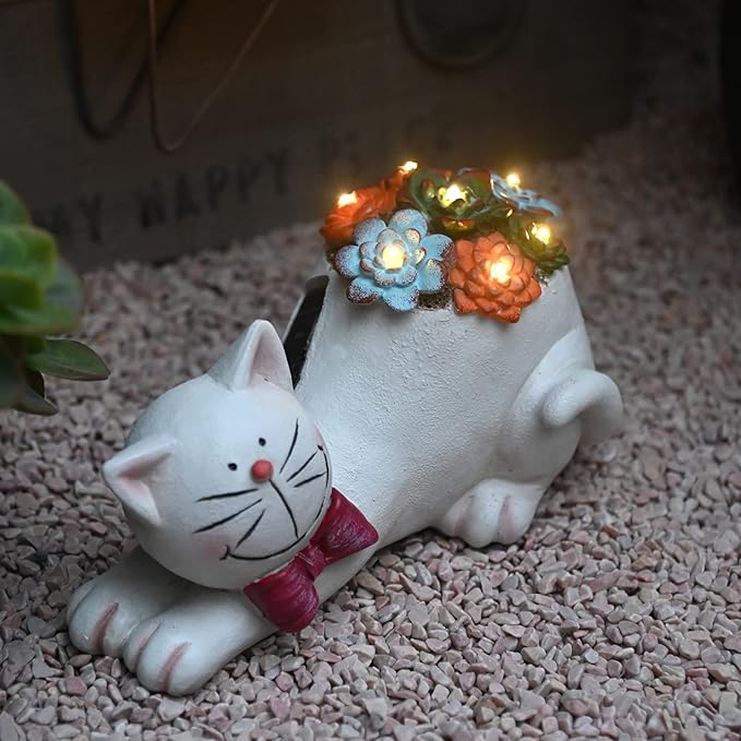 Cat Garden Figurines Outdoor Decor Solar Statue with Succulent and LED Lights for Patio Lawn Yard Art Decoration Housewarming Garden Gift-Ruum Studio Home