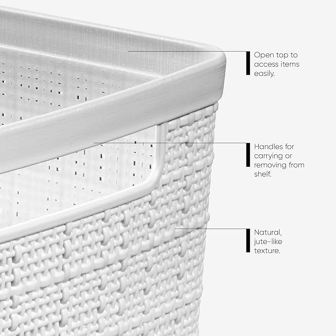 Curver Set of 6 Jute Medium Decorative Plastic Organization and Storage Baskets, Perfect Bins for Home Office, Closet Shelves, Kitchen Pantry and All Bedroom Essentials, White-Ruum Studio Home
