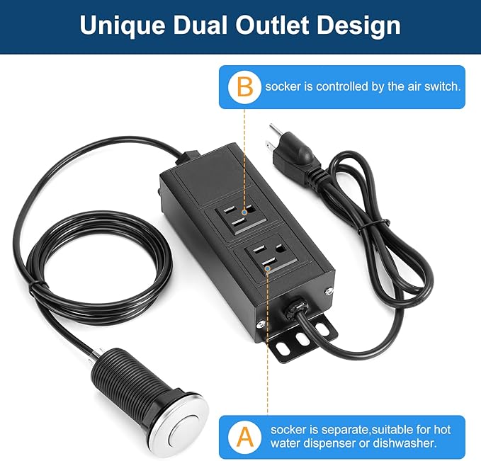 Dual Outlet Garbage Disposal Air Switch Kit, UL Listed Sink Top Air Switch for Food Waste Disposal, 3.58” Extra Long Air Button, Brushed Stainless Steel-Ruum Studio Home