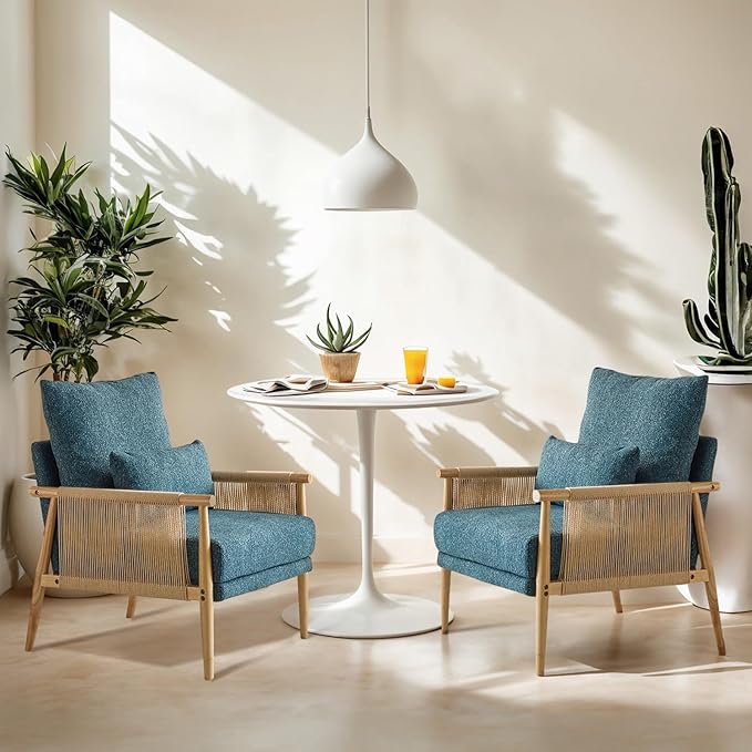 VINGLI Boho Braid Accent Armchairs Set of 2,Mid-Century Modern Chiars with Solid Wooden Armrest,Comfy Louge Cushion Chairs with Waist Pillow for Bedroom,Living Room,Reading Room, Teal-Ruum Studio Home