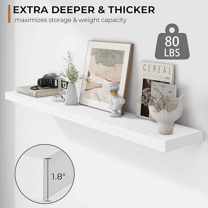 Fun Memories 55 Inch Floating Shelves - 9 Inch Deep Rustic Wooden Wall Shelves - Extra Deeper & Thicker Wall Mounted Storage Shelf for Living Room, Kitchen, Farmhouse - 55" W x 9" D x 1.8" H - White-Ruum Studio Home