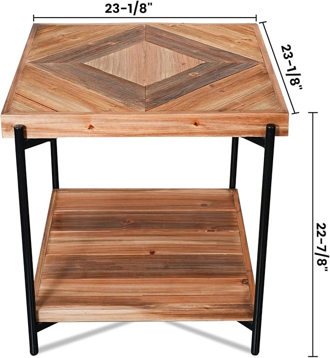CONSDAN StoneCreek Solid Fir Wood Side Table - Metal Frame, 2-Tier End Table for Living Room/Bedroom/Office, 23" Square Night Stand, Accent Table-Ruum Studio Home