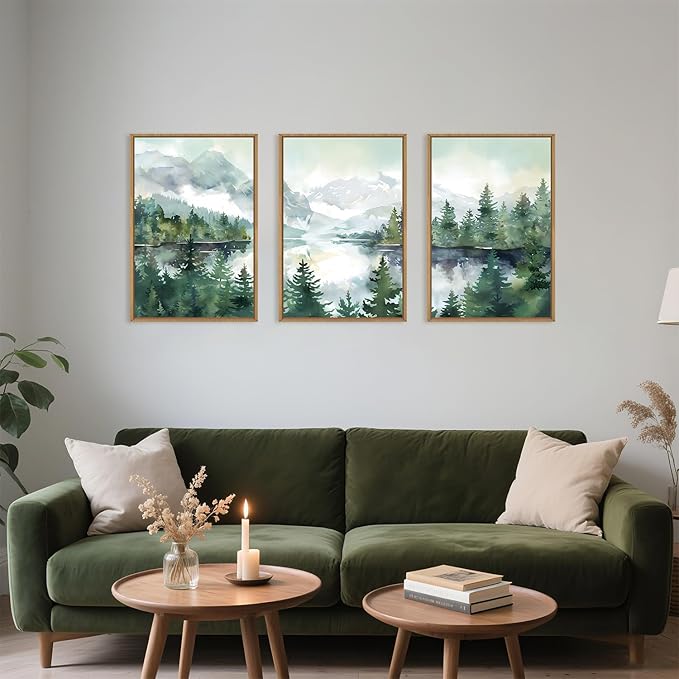 Watercolor Mountain Framed Canvas Wall Art Set, Boho Forest Wall Decor, Nature Green Pines Wall Painting, Forest Wilderness Artwork for Living Room, Bedroom, Dining Room, Office - 16"x24"x3-Ruum Studio Home