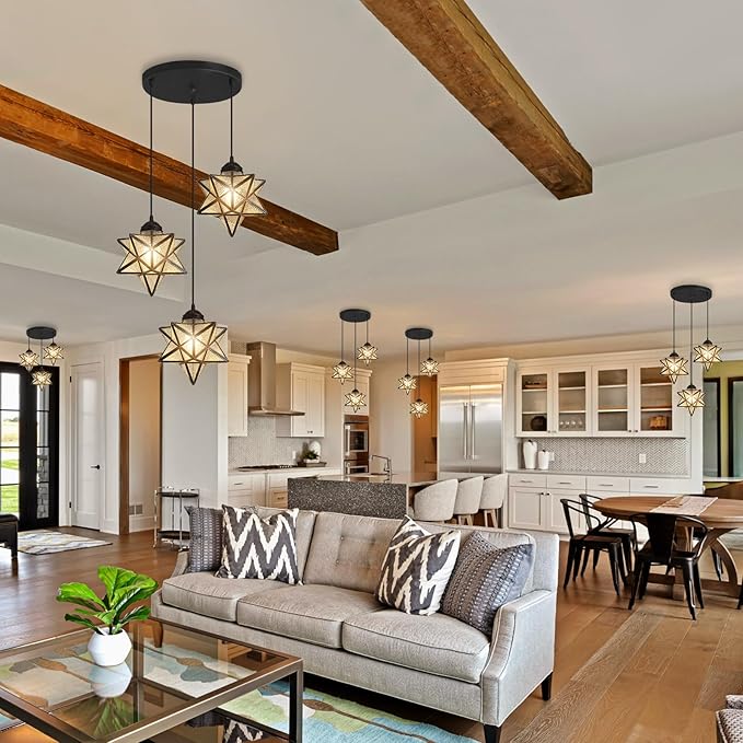 Farmhouse Glam Chandelier with Glass Star Pendants Light Fixture Elegant Ceiling Hanging Lights Included Warm Light Bulbs Black-Ruum Studio Home