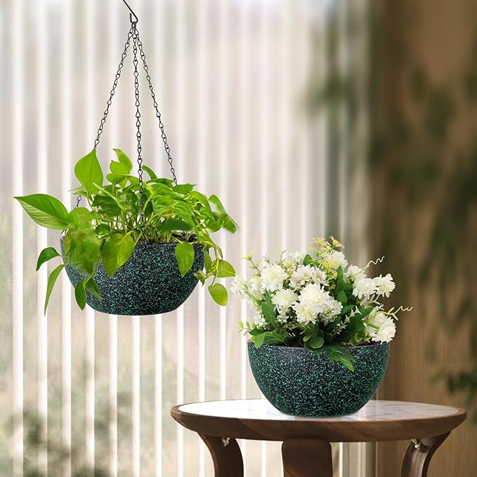 8 inch Small Hanging Planters for Indoor Outdoor Plants, 2 Pack Hanging Flower Pots with Drainage Holes and Chain, Plastic Hanging Baskets for House Plants, Black with Green Speckles-Ruum Studio Home