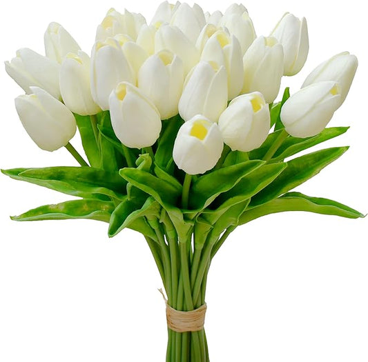 Mandy's Artificial Tulips 28 Stems Cream PU Faux Flowers for Wedding Home Decor 13.5 Inch-Ruum Studio Home