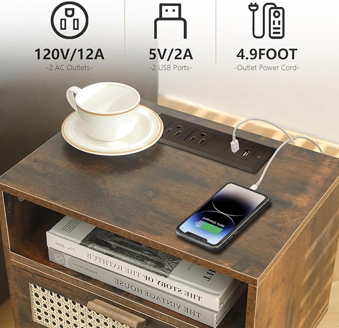 MaxSmeo Small Nightstand with Charging Station, Rattan Side Table Mid Century Modern Bedside Table for Bedroom, Living Room and Small Spaces, Solid Wood Legs (Rustic Brown)-Ruum Studio Home