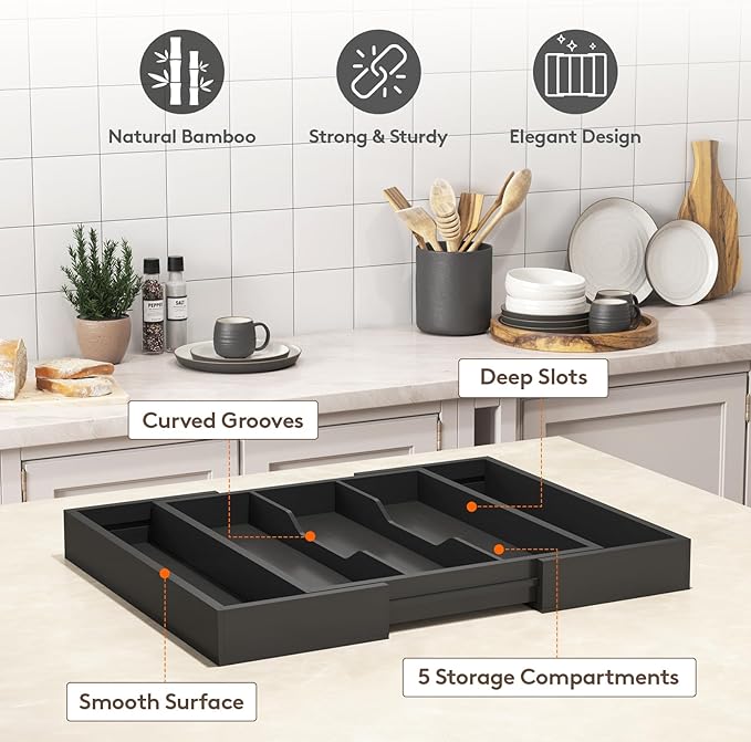 Lifewit Utensil Organizer for Kitchen Drawer, Expandable Cooking Utensil Tray, Bamboo Cutlery Silverware Flatware Holder, Adjustable Spatula Tools and Gadgets Storage Divider, Large, Black-Ruum Studio Home