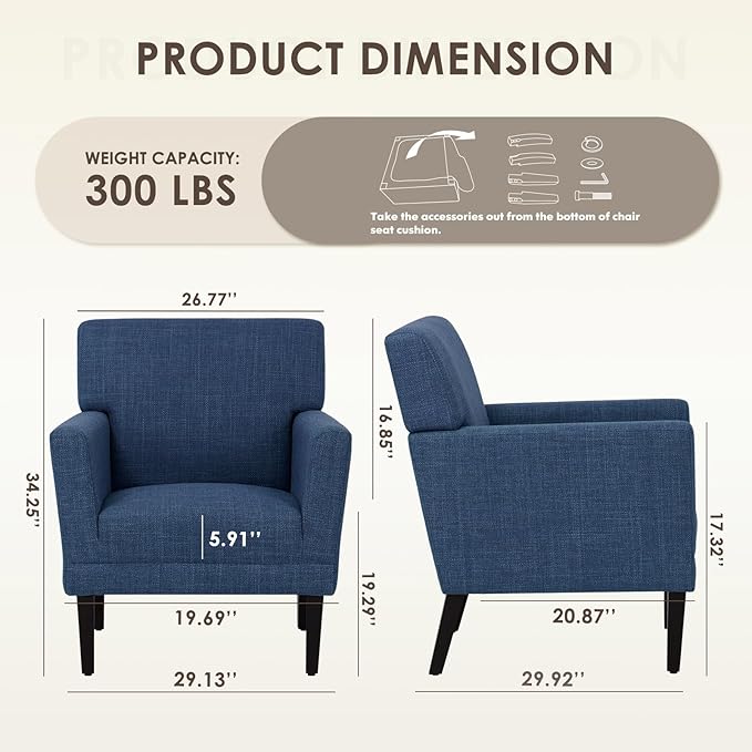 COLAMY Modern Accent Chair for Living Room, Upholstered Fabric Accent Armchair with Back, Soft Single Sofa Chair with Arms for Bedroom/Office/Reception Room, Blue-Ruum Studio Home