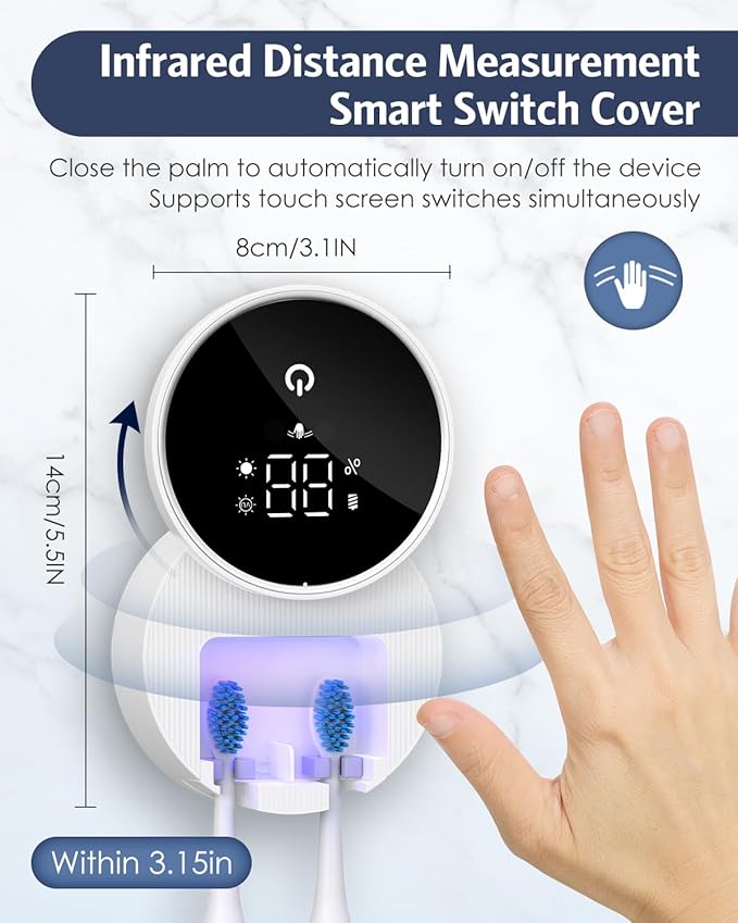 Upgraded UV Toothbrush Cleaner Holder Wall Mounted, Temracha Razor Electric Toothbrush Holder for Bathroom, LED Smart Screen, with Auto-Inductive Cover, Cleaning and 60-Degree Drying, for Home, Travel-Ruum Studio Home
