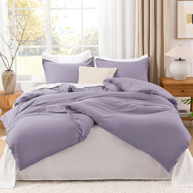 Litanika Grayish Lavender Purple Comforter Set King Size, 3 Pieces Lightweight Solid Bedding Comforter Set, All Season Fluffy Bed Set (104x90In Comforter & 2 Pillowcases)-Ruum Studio Home