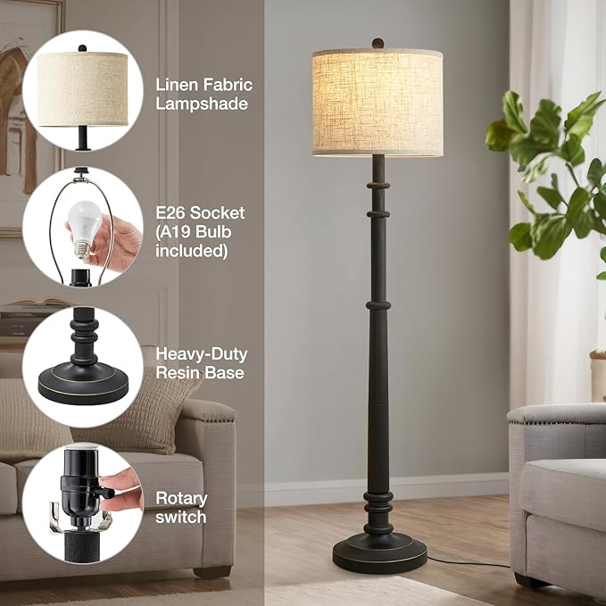 Floor Lamps for Living Room - 60" Resin Farmhouse Floor Lamp with 3 Color Temperatures - Vintage Standing Lamp Reading Light with Linen Shade Retro Tall Lamp for Bedroom Office, Black-Ruum Studio Home