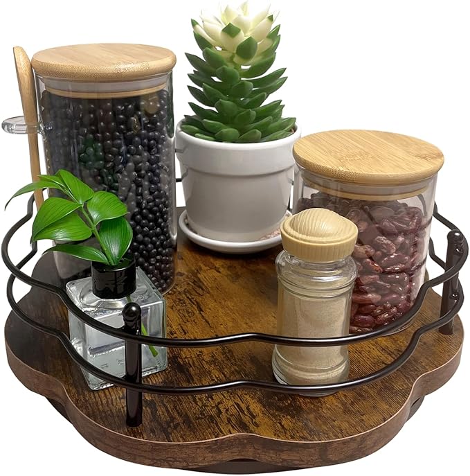 Lazy Susan Turntable Organizer with Higher Metal Sides, 11" Wooden Lazy Susan Spice Rack Organization and Storage for Cabinet,Kitchen,Countertop,Table Top,Dining Table,Coffee Bar Decor-Ruum Studio Home