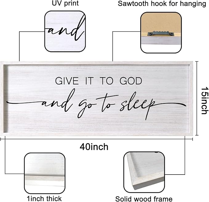 Give It to God and Go to Sleep Decorative Rustic Sign & Plaque Framed Wall Art for Couples, 40''×15'' Vintage Farmhouse Wooden Horizontal Wall Decor Above Bed, Cottagecore Wedding Gift for Bedroom-Ruum Studio Home