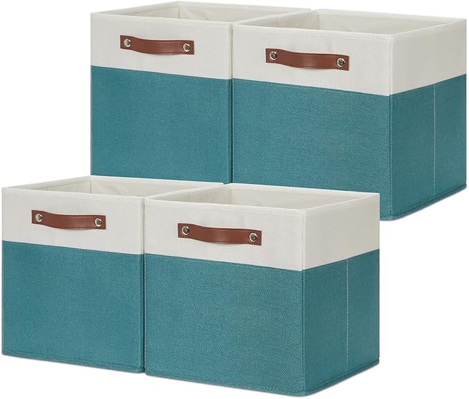 HNZIGE Storage Cubes Bins for Organization Set of 4, Fabric Storage Cube 12 x12, Collapsible Storage Bins Basket Cube with Handles, Canvas for Organizing Shelf Home Nursery(Teal White)-Ruum Studio Home