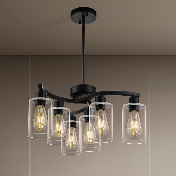 6 Light Modern Farmhouse Chandelier，Black Dining Room Light Fixture，Kitchen Pendant Lights Over Island with Glass Shade-Ruum Studio Home